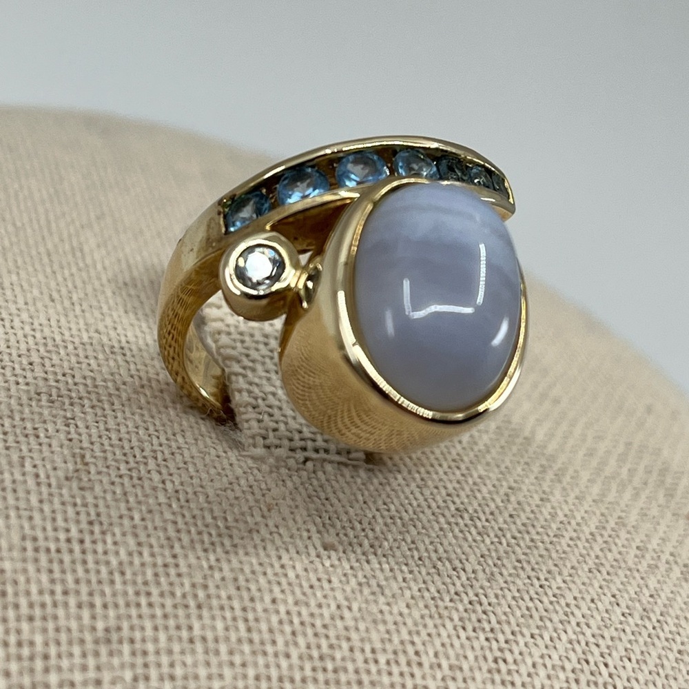 Vintage Estate Ring 925 Gold with Blue Chalcedony and Accent Stones - Picture 2 of 15